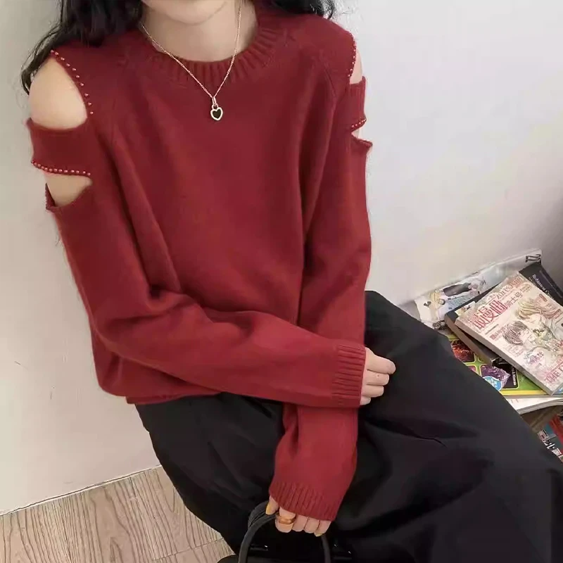 高级感春季设计针织衫新款露肩圆领纯色时尚女装休闲套头百搭上衣