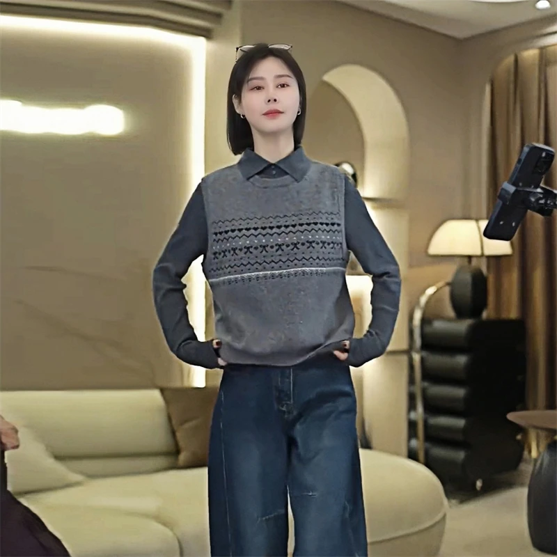 长袖春季韩版时尚套装女2025年百搭显瘦流行马甲潮流衬衫两件套