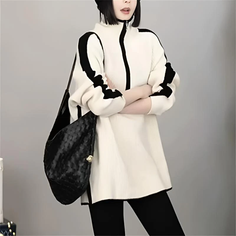 今年流行设计感拼接上衣女2025春季新款百搭撞色拉链高领针织衫潮