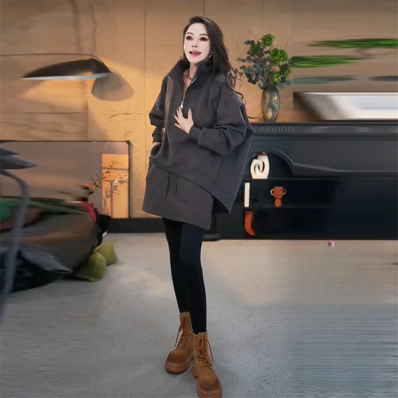 韩版宽松洋气轻奢套装女2025春季新款感纯色半拉链卫衣短裙两件套