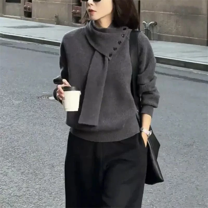 时尚设计感显瘦宽松针织衫女2025百搭洋气可拆卸披肩围脖流行上衣