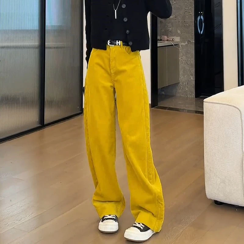 日常通勤黄色牛仔裤女2025春季新款宽松显瘦设计感小众潮流直筒裤