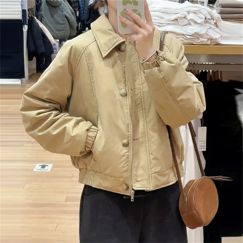 时尚通勤纯色百搭潮流棉服女2025冬季休闲宽松显瘦设计感小众外套