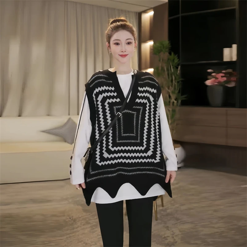 韩系纯色卫衣花纹v领马甲套装女2024秋冬新款时尚设计百搭两件套