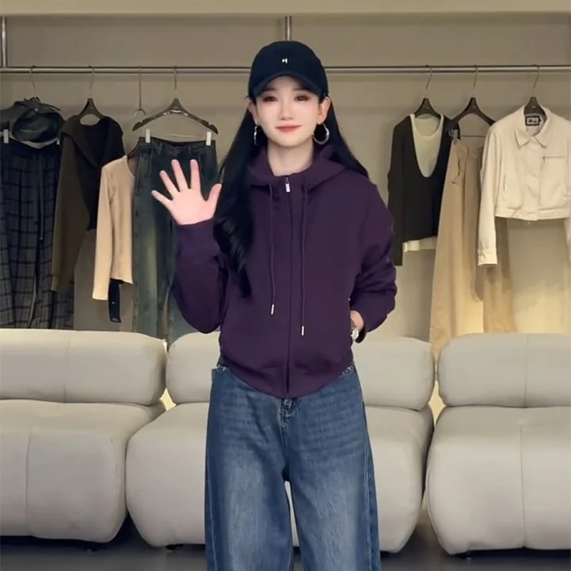 简约休闲纯色连帽卫衣女2025春季新款宽松显瘦设计感小众拉链上衣
