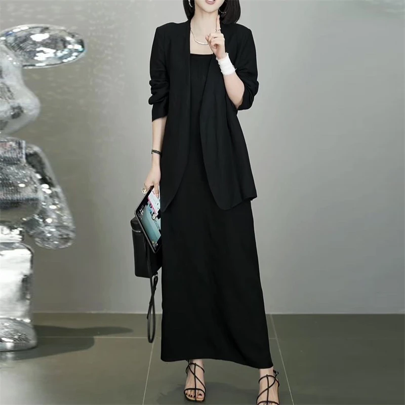 防晒春季女装时尚套装轻奢高级感黑色宽松上衣气质吊带裙子两件套