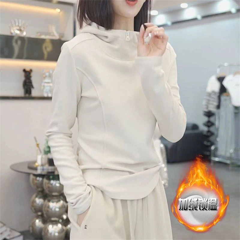 纯色半拉链设计感加绒加厚连帽卫衣女2025年春季新款显瘦百搭上衣