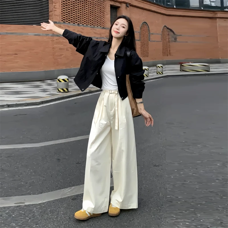 轻奢高级感春季时尚套装女2025黑色韩版文艺衬衫休闲直筒裤两件套