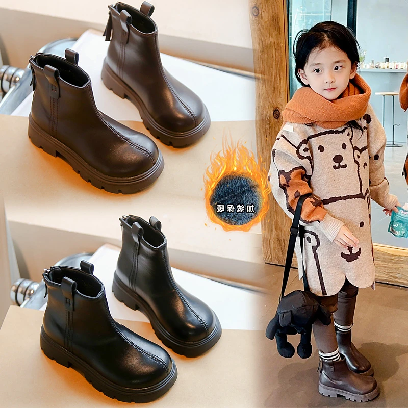 回力瑞儿童马丁靴2023冬新款纯色软底中大童皮靴加棉女童后拉链短