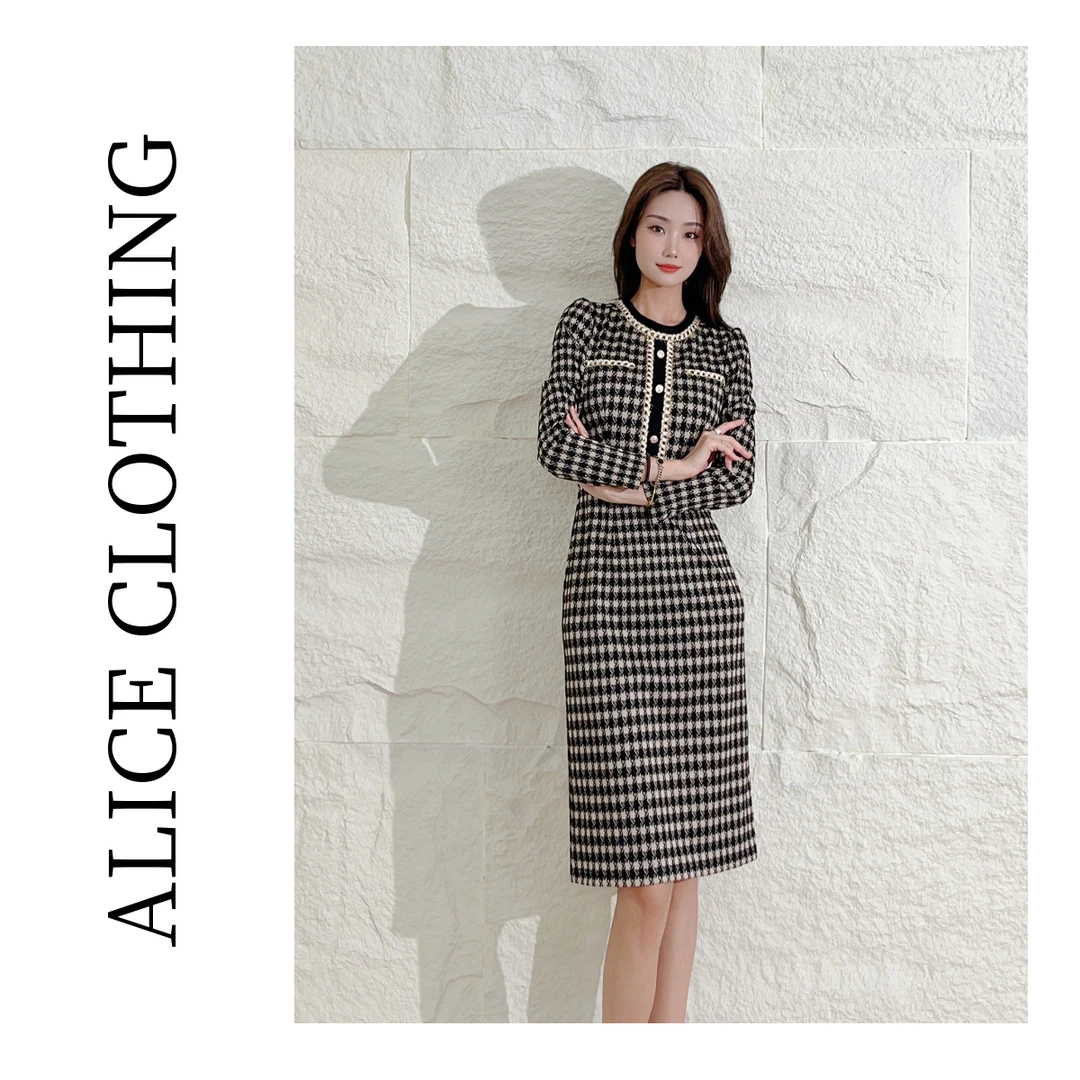 6【ALICE “黑白千鸟”香风连衣裙】优雅织边 复古名媛 S1032326W