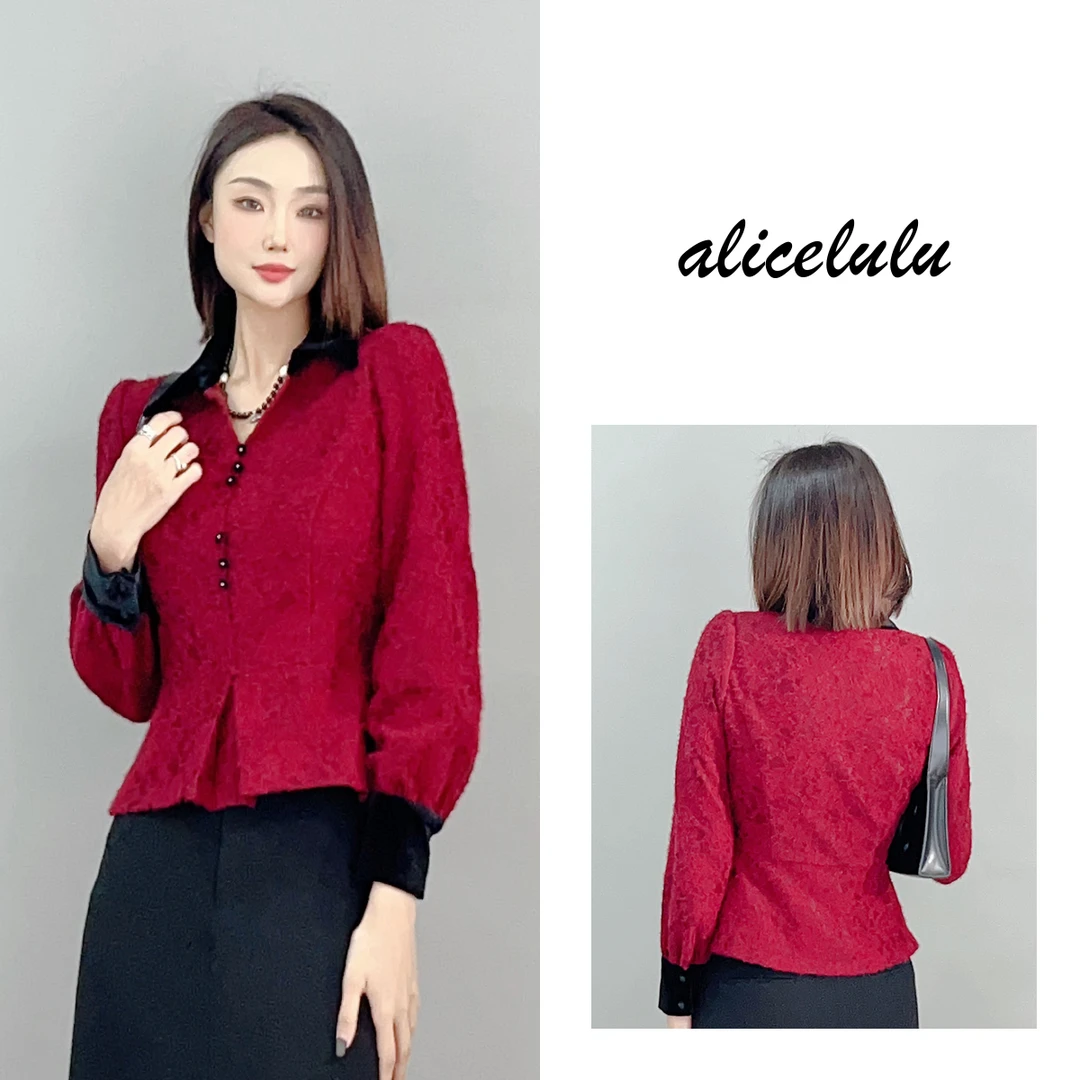 1 ALICE “红皇后”衬衫 复古丝绒 磨毛蕾丝 S1034827A