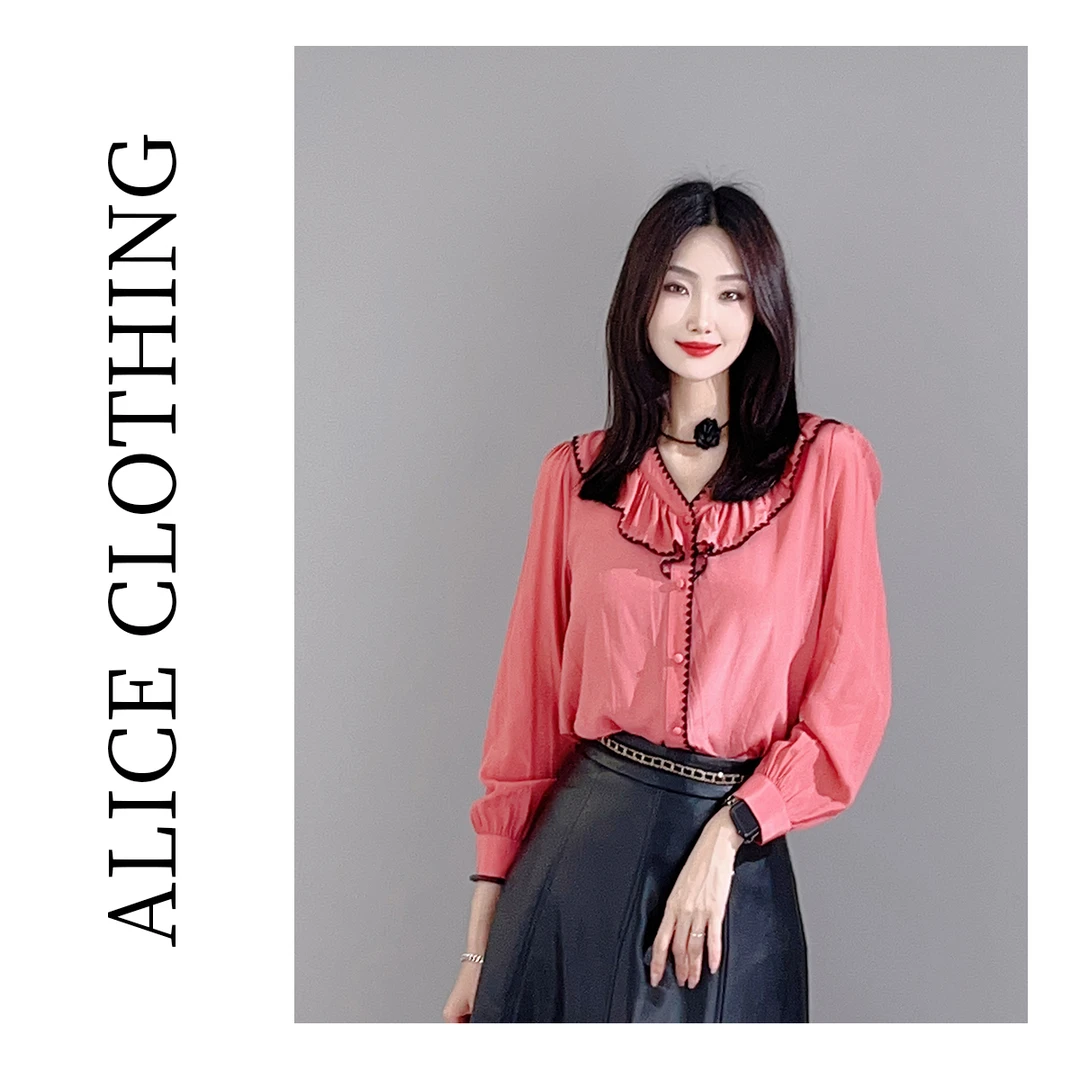 3【ALICE “玫红海浪”桑蚕丝上衣】顺滑舒爽 拼色花边S2133443G