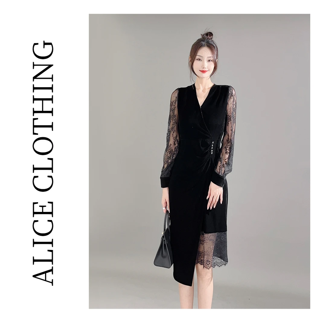 1 ALICE “丝绒皇后”蕾丝时尚连衣裙华贵丝绒 显瘦褶皱S2131357W