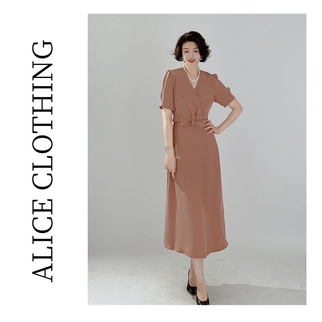 1【ALICE “粉褐丽人”连衣裙】轻奢醋酸 蝴蝶结 S2138108W