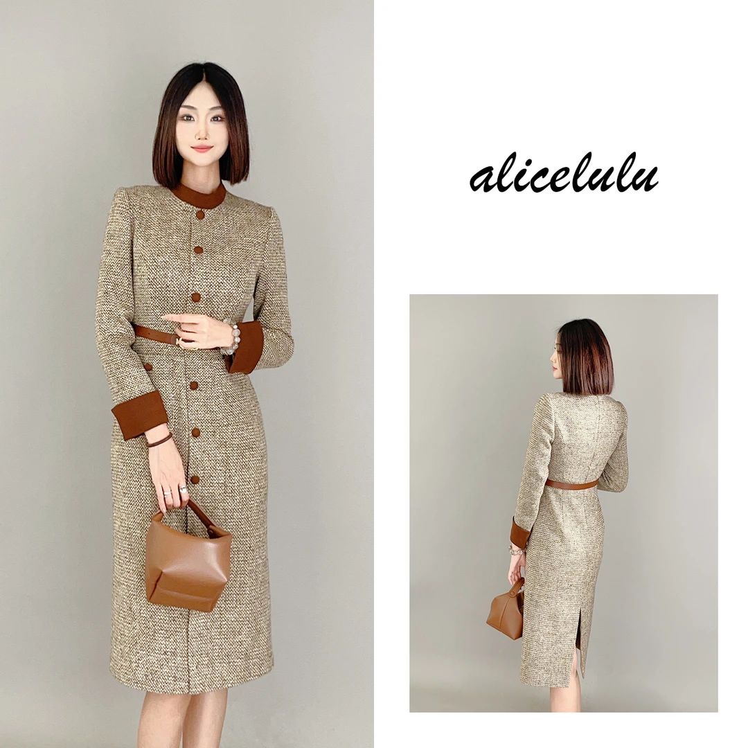 2 ALICE “电影女郎”连衣裙 复古优雅 拼色粗呢 S1034518E