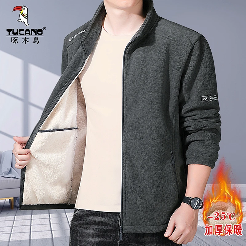 啄木鸟男士抓绒衣外套秋冬季棉衣加绒加厚夹克衫休闲运动户外棉服