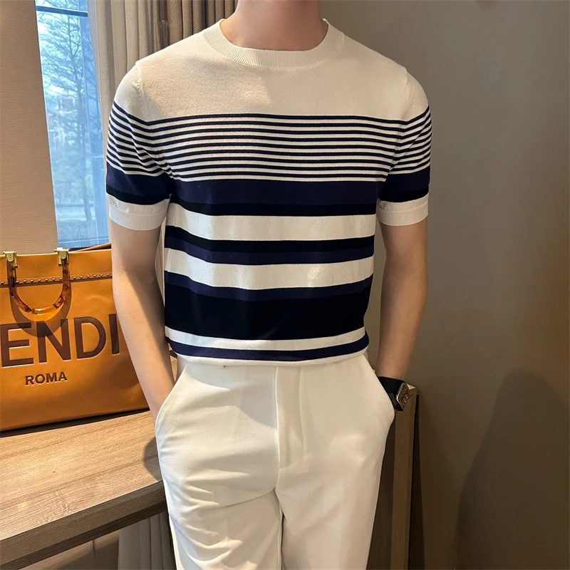 WUSHE物社【100%天丝】夏季时尚男士修身T恤百搭条纹薄款短袖针织衫