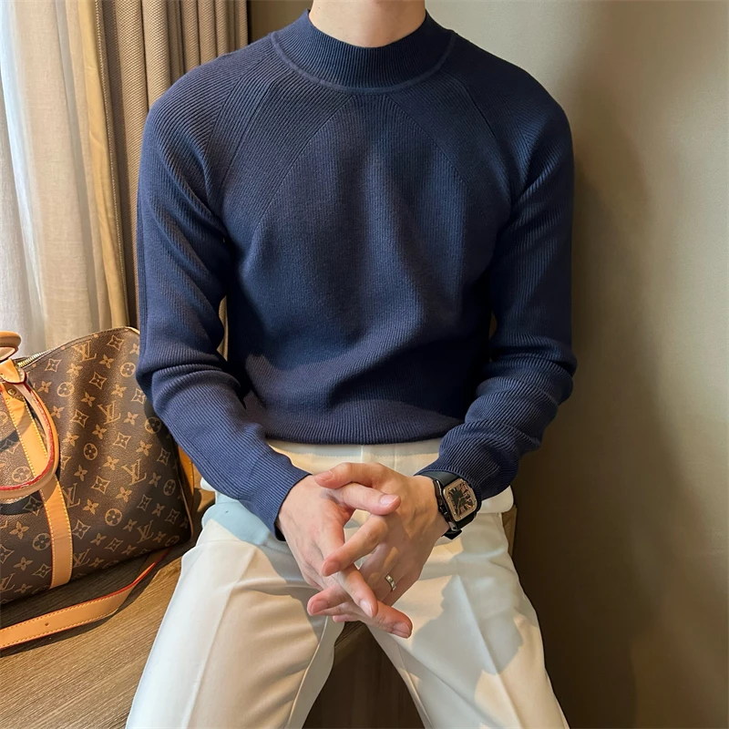 WUSHE物社秋冬流苏半高领纯色毛衣男英伦修身保暖简约款打底线衫