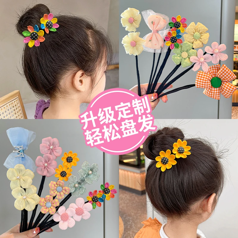 丸子头盘发神器女童花朵盘发杆女孩懒人花苞头发饰儿童扭扭棒头花