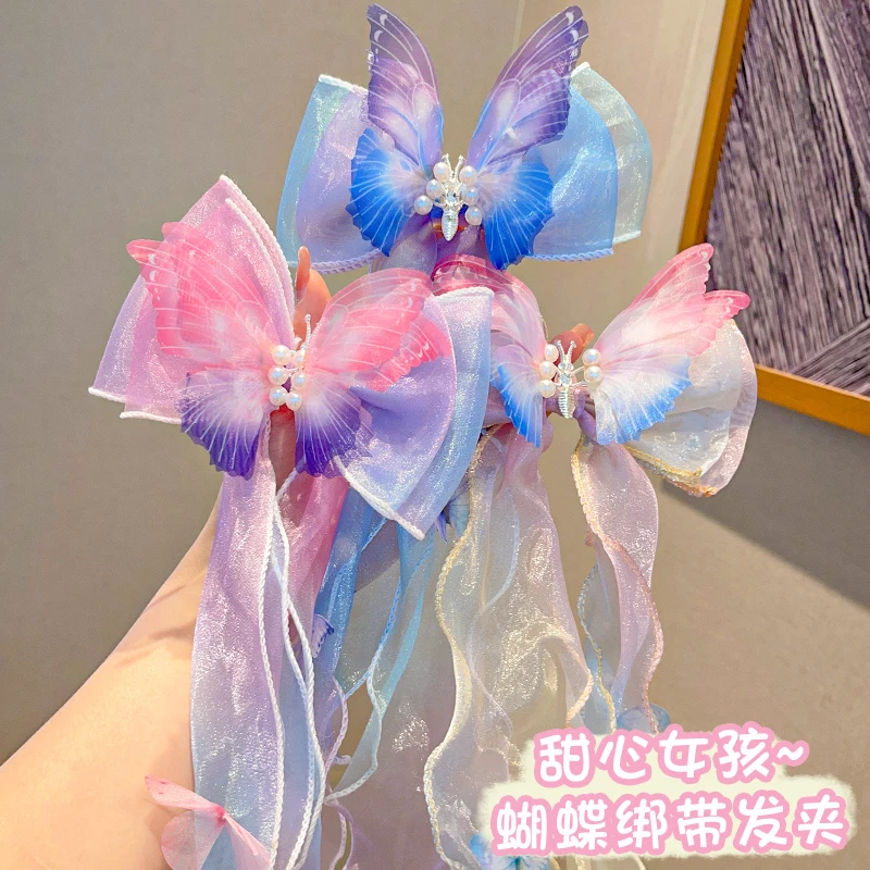 会动的蝴蝶发夹儿童后脑勺飘带发饰女童公主汉服头饰编发神器发卡
