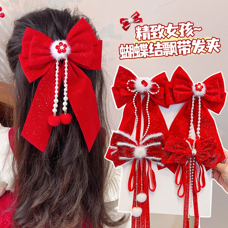 女童后脑勺红色蝴蝶结发夹宝宝新年拜年头饰儿童发卡宝宝过年发饰