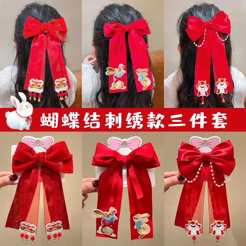 儿童过年头饰红色蝴蝶结发夹女童新年拜年发饰女孩后脑勺夹子发卡