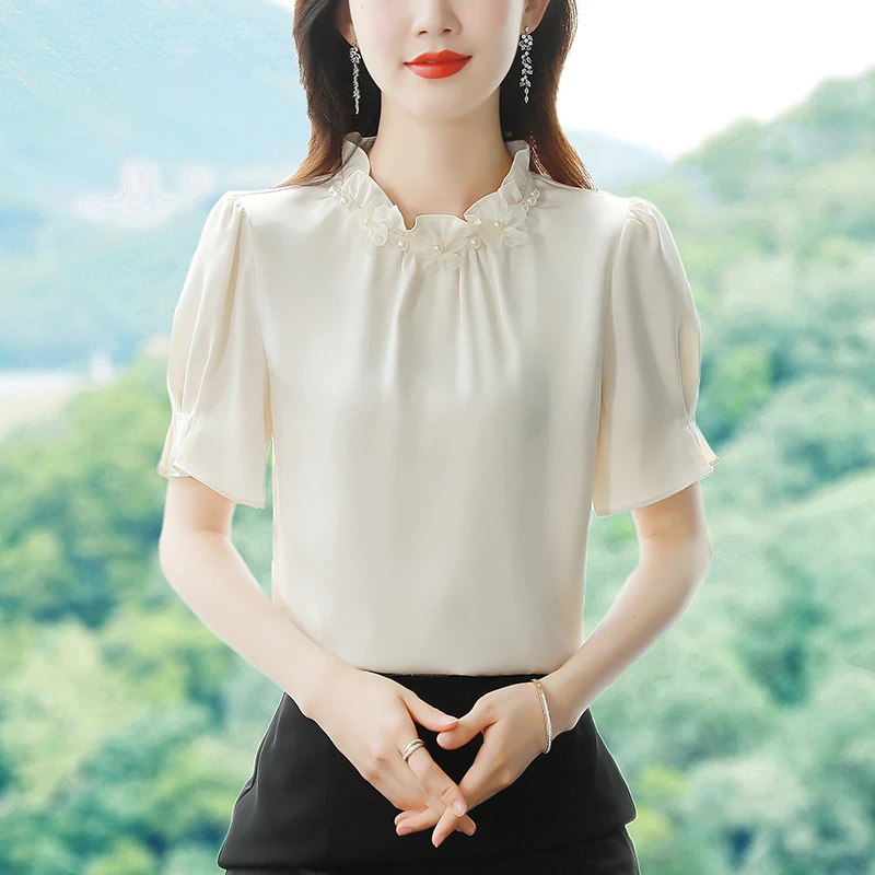 2025新款夏款上衣女宽松衬衫遮肚子高级百搭甜美短袖洋气高档缎面