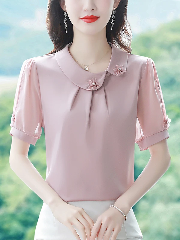 欧州站2025年流行洋气妈妈高端衬衫新款女士中年夏装纯色短袖上衣