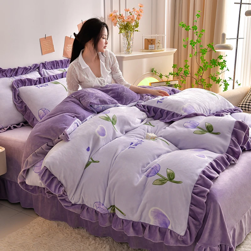 新款8斤左右韩版花边印花牛奶绒四件套加绒毛绒被套被罩套件加厚
