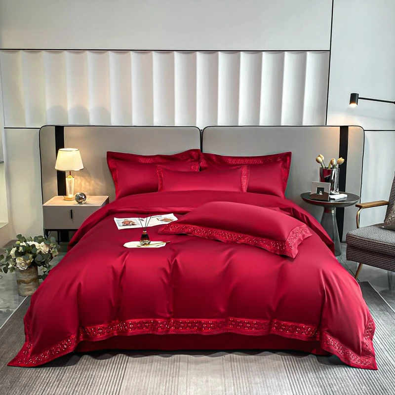 120支高精密长绒棉四件套刺绣纯色轻奢大红婚庆套件克洛伊系列