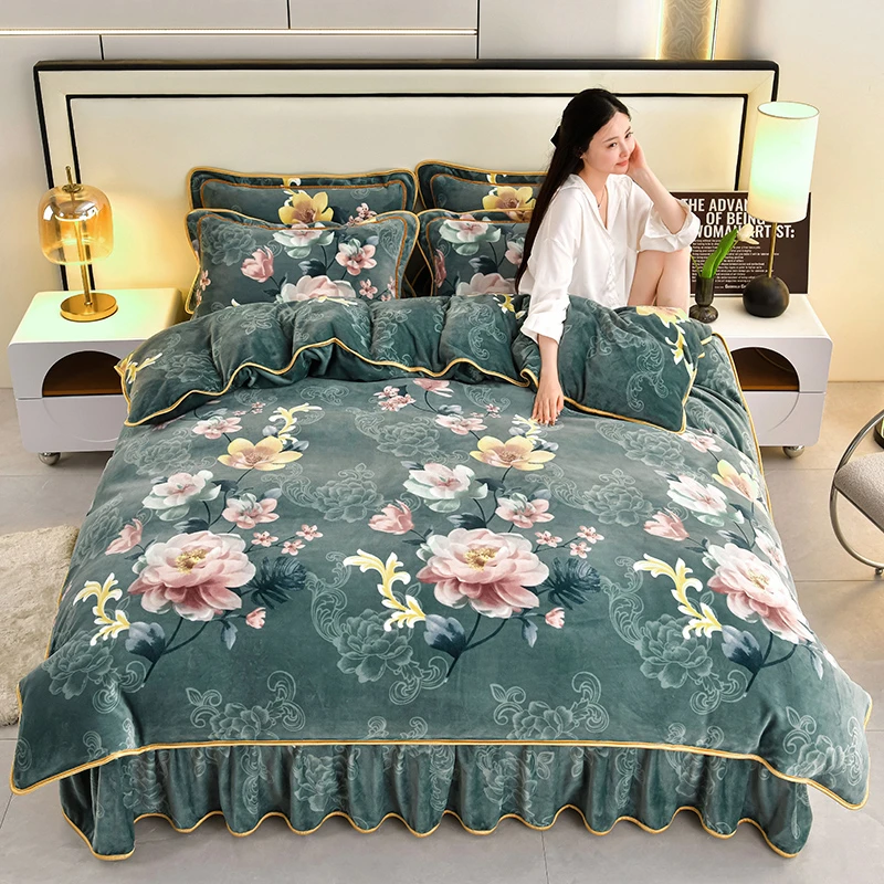 冬季保暖加厚加密高克重牛奶绒四件套床裙款被罩床上用品加绒