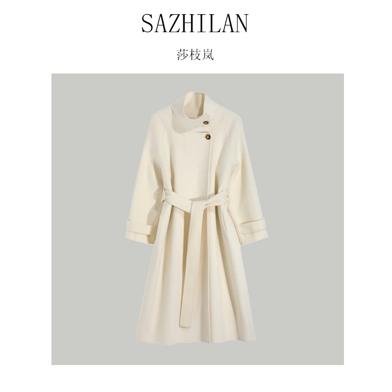 秋冬新款女士气质时尚纯色针织长款双面毛呢大衣外套长款B-8001