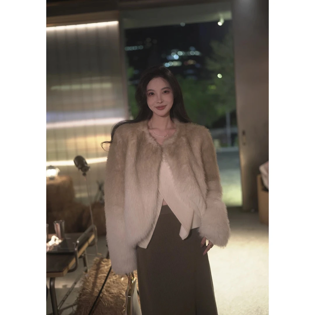 ALIN【流光溢彩】渐变环保毛外套气质时尚网红设计师轻奢短款麂皮