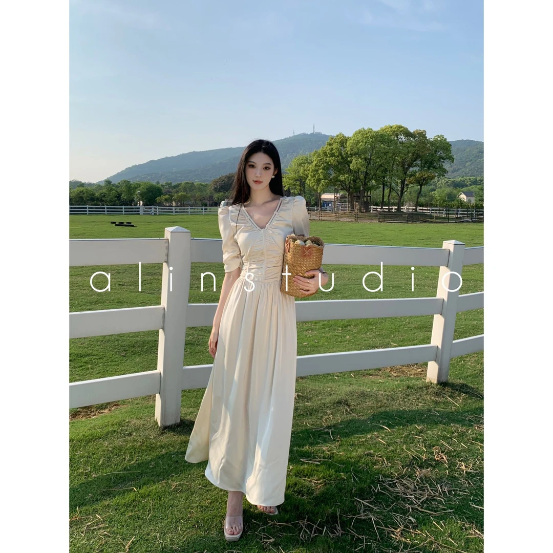 ALIN【寓言】气质温柔时尚收腰长款茶歇法式连衣裙