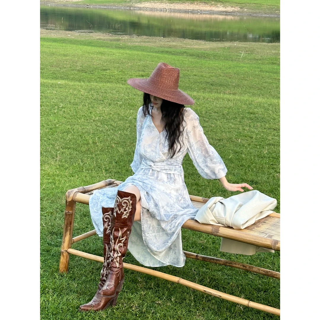 ALIN【艺术画染】初秋新款气质时尚长袖碎花显瘦连衣裙