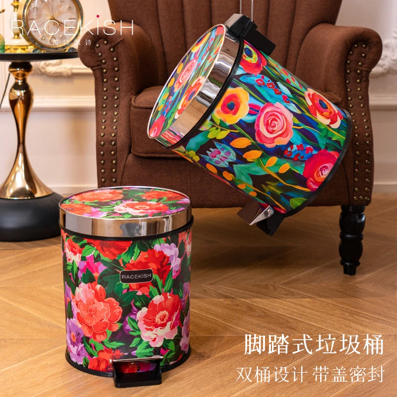 Racekish绿野玫瑰山桃红花翻盖垃圾桶2款家居客厅卧室垃圾收纳桶