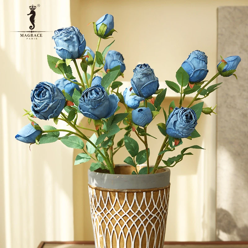MAGRACE HOME五头焦边玫瑰4款复古绢花装饰家居软装干枯仿真花