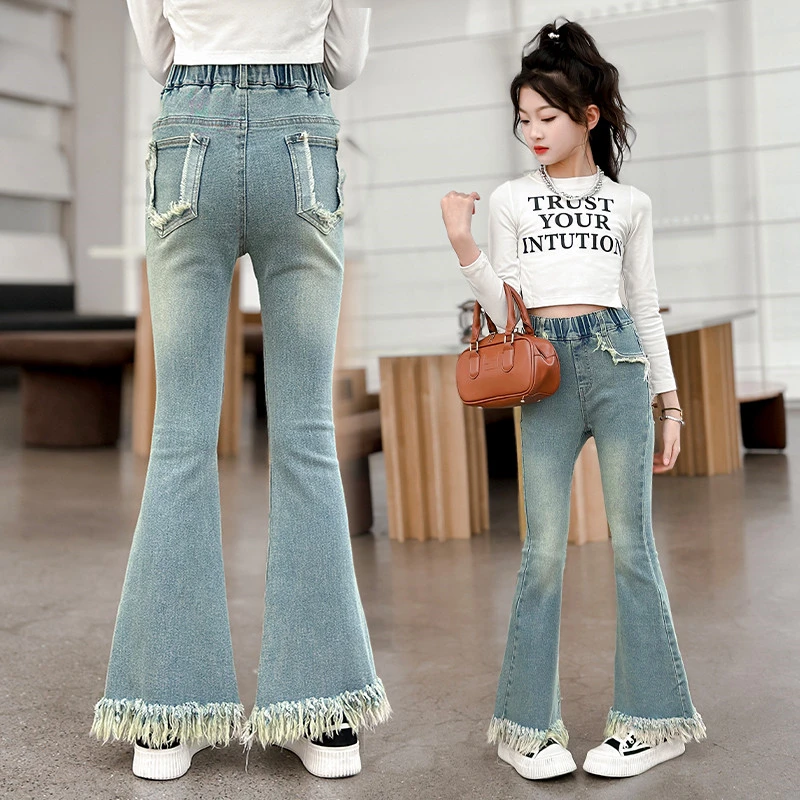 【月蜜儿】女童春季新款牛仔喇叭裤中大童复古流苏弹力时尚长裤子潮