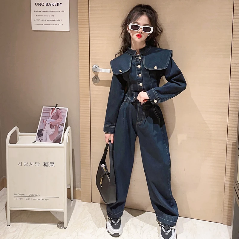 【月蜜儿】女童春秋设计感牛仔套装韩版洋气时髦中大童两件套潮酷