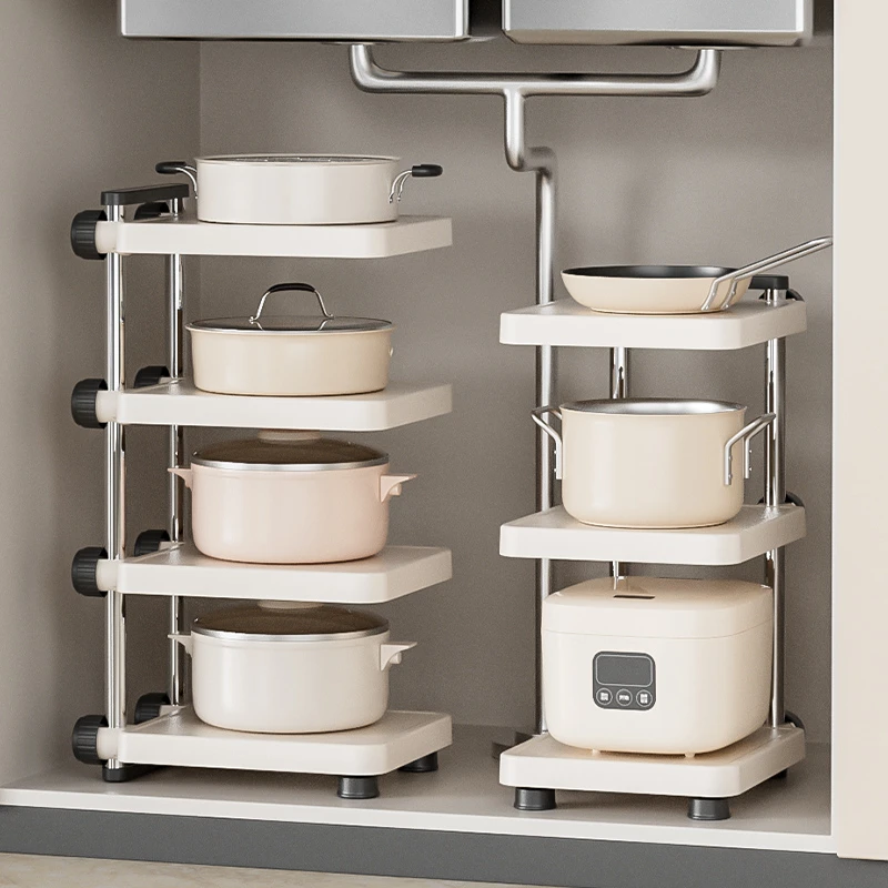 奶油厨房置物架锅具多层家用不锈钢落地多功能电烤箱微波炉锅具收