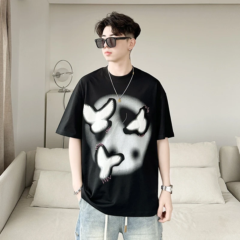 【宇泽】夏季国潮和平鸽T恤宽松短袖字母圆领T恤潮流百搭个性T24038