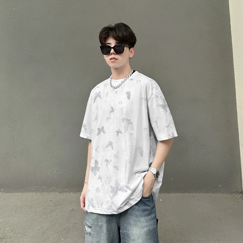 【宇泽】夏季蝴蝶印花潮流T恤宽松短袖个性韩版休闲印花圆领7410