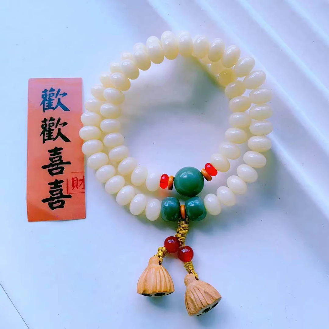 【好运双莲蓬】奶油黄菩提根算盘珠双圈双莲蓬手串手持款（盘玩袋）