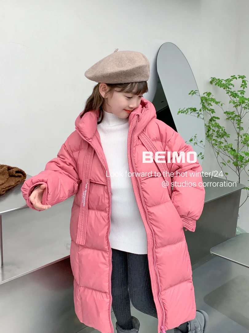 儿童羽绒服2024冬装新款韩版加厚长款连帽飘带过膝白鸭绒女童外套