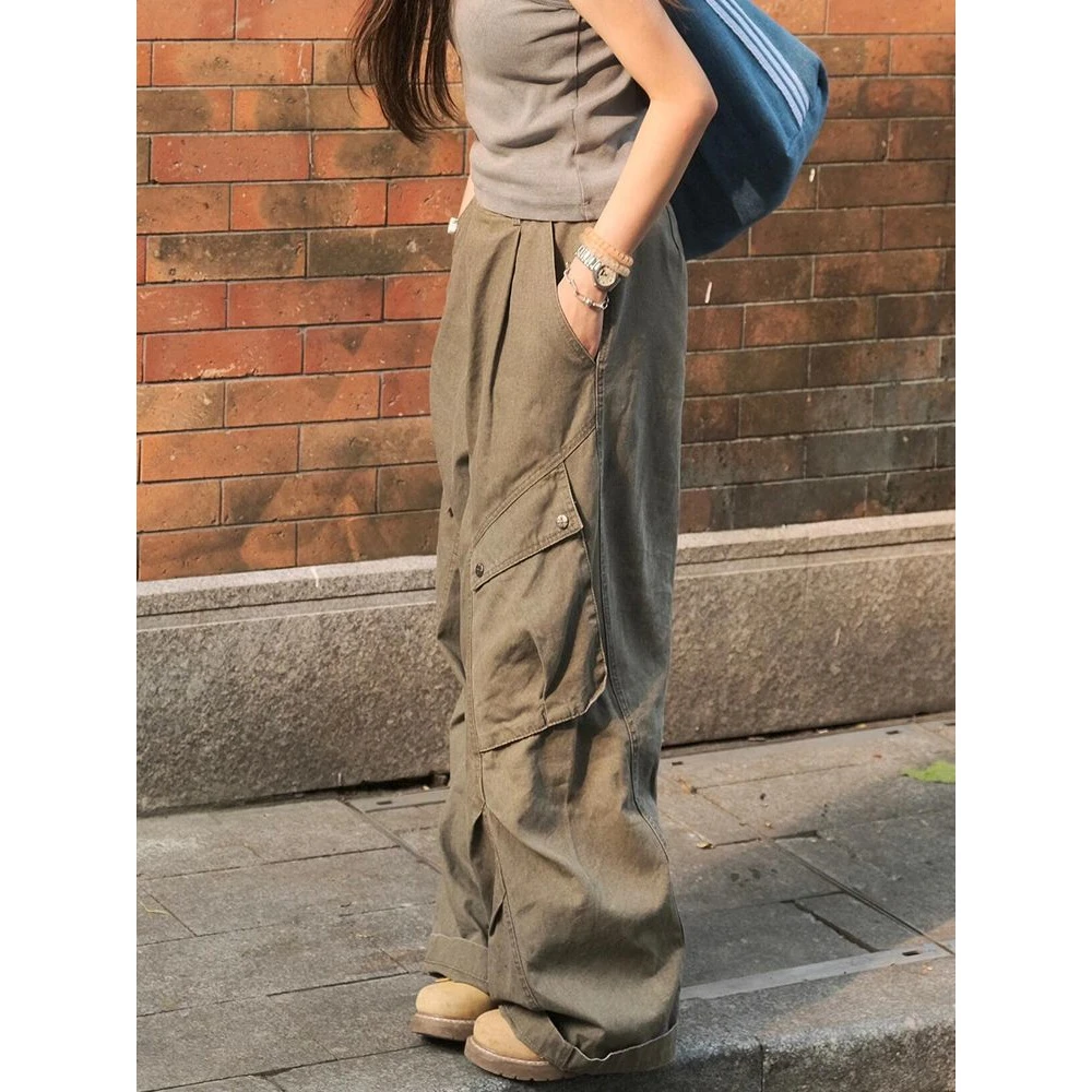 美式复古工装口袋垂感牛仔裤女辣妹高街显瘦宽松阔腿拖地裤长裤