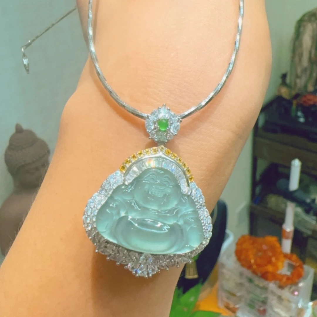 天然翡翠冰种佛公S925银镶高定版颈饰茅台白