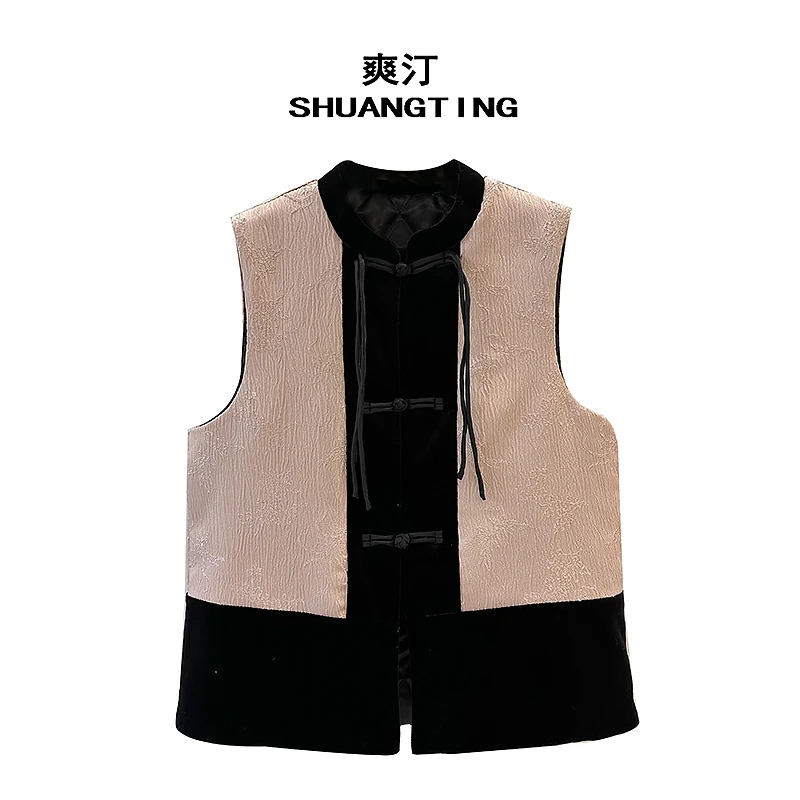 双色织锦 马夹马甲复古盘扣外套民族风背心夹棉中式中国风上衣冬