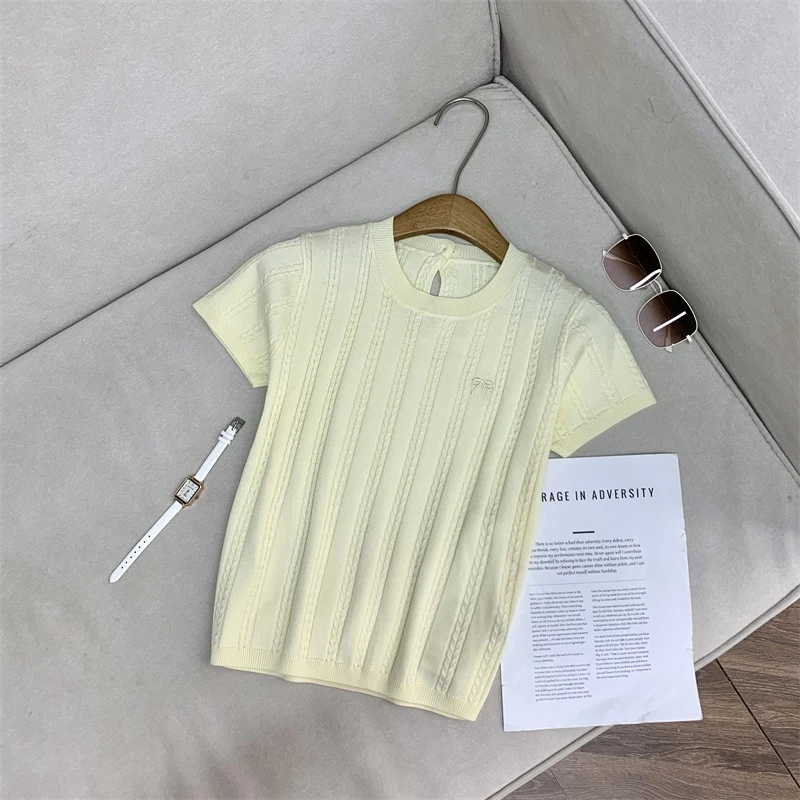 蝴蝶结小logo‘’简约风16针镂空织夏季针织衫上衣800811 仓