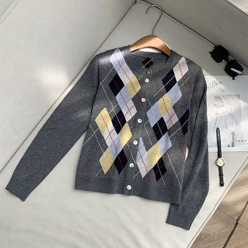 【南油溪溪】藏青色菱形格羊毛开衫‘’挂毛工艺气质外套针织衫800136