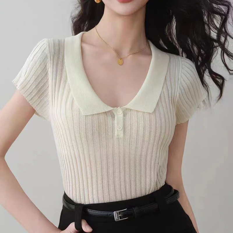 纯色气质修身翻领显瘦天丝针织衫夏季薄款上衣800875  仓